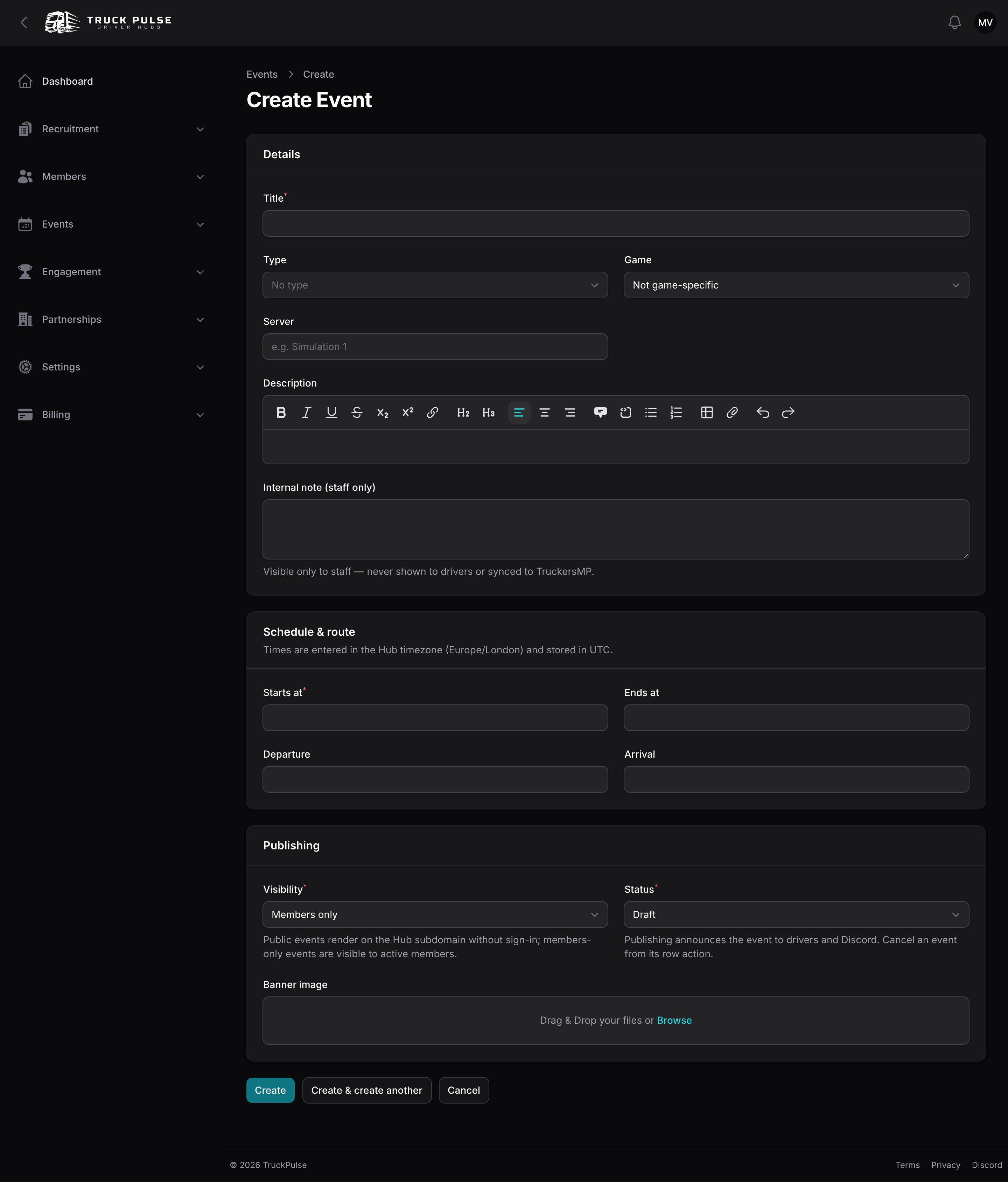 The event editor with details, schedule and publishing sections