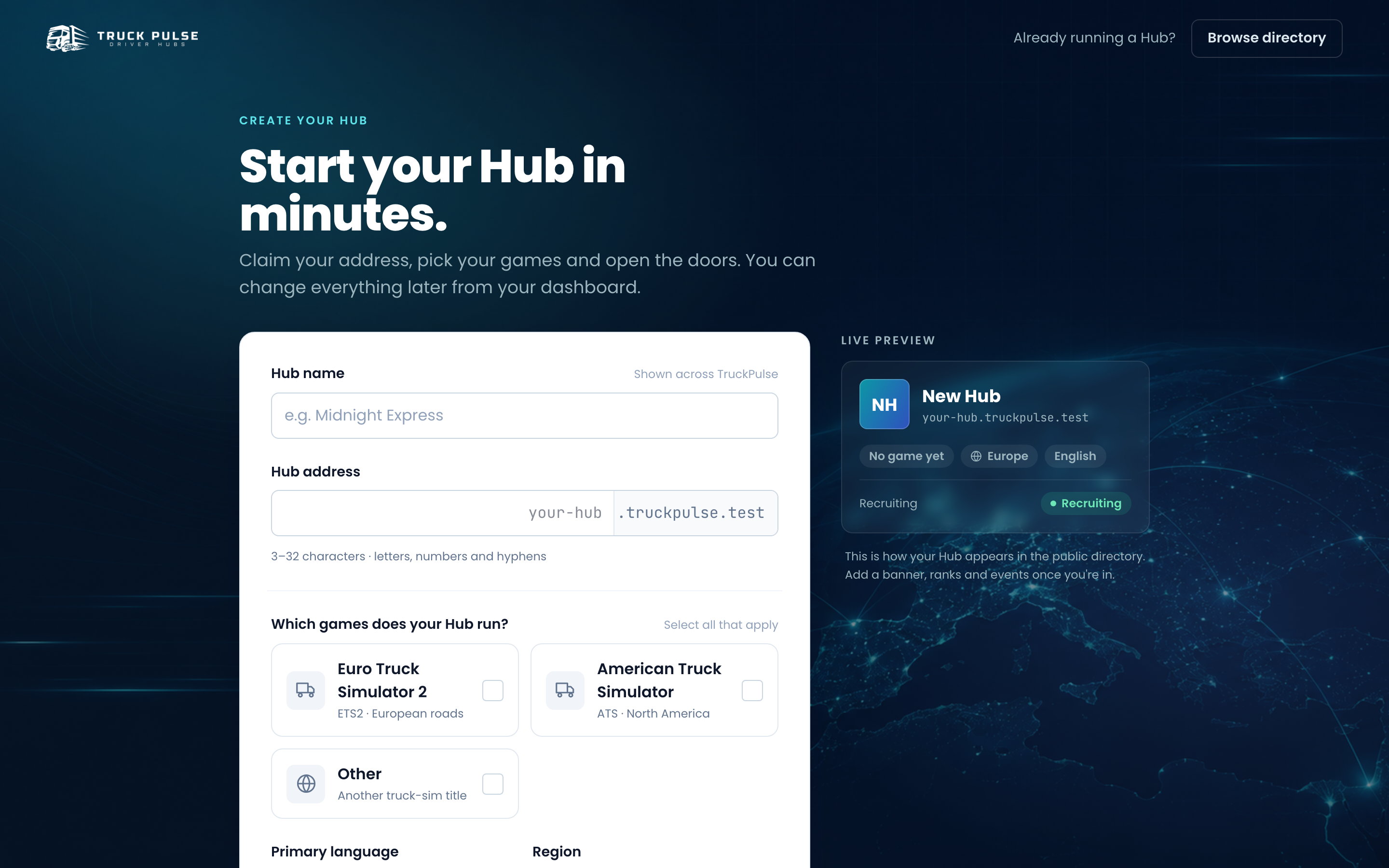 The Create your Hub page with the live directory preview