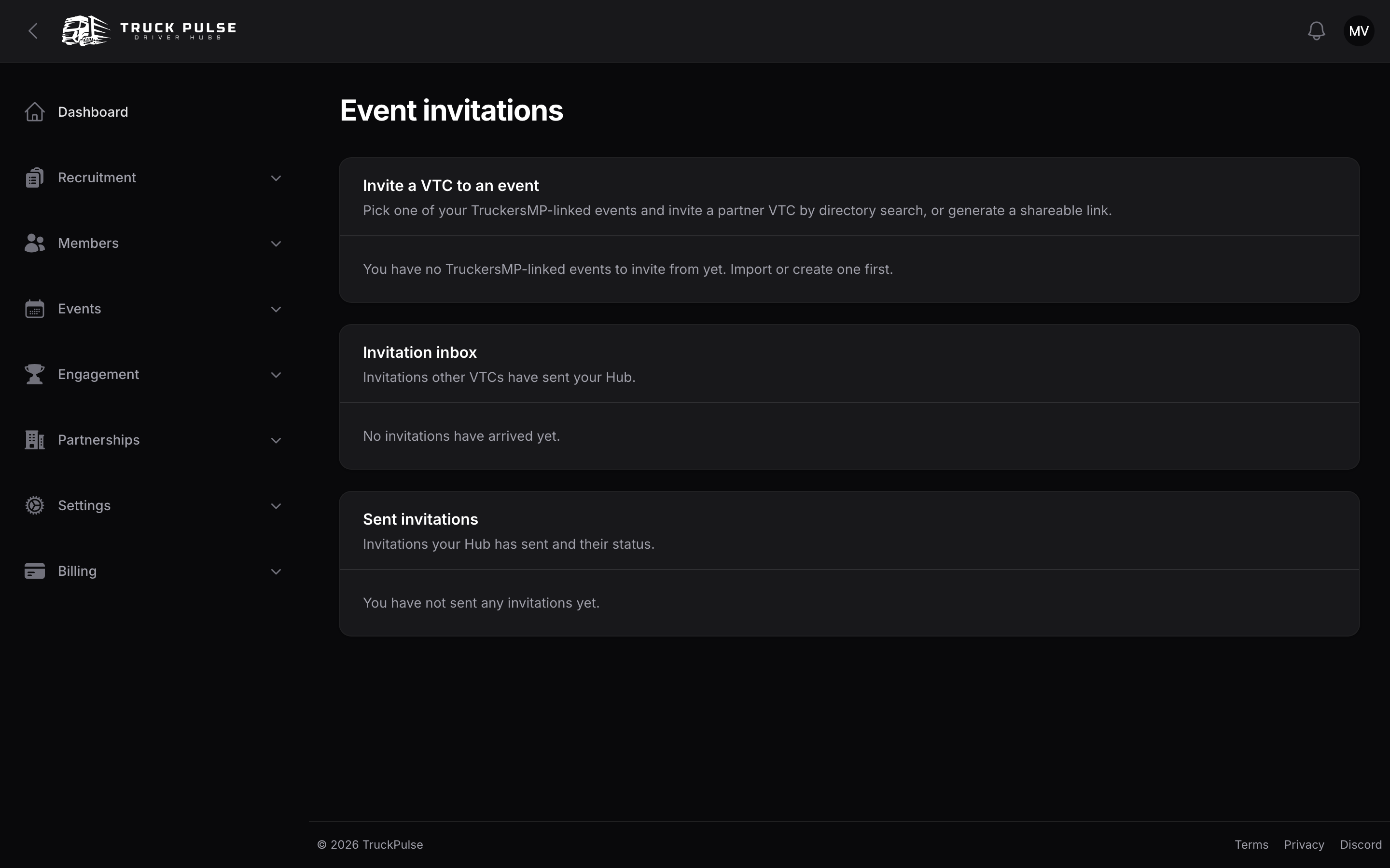 The event invitations page with received and sent invitations