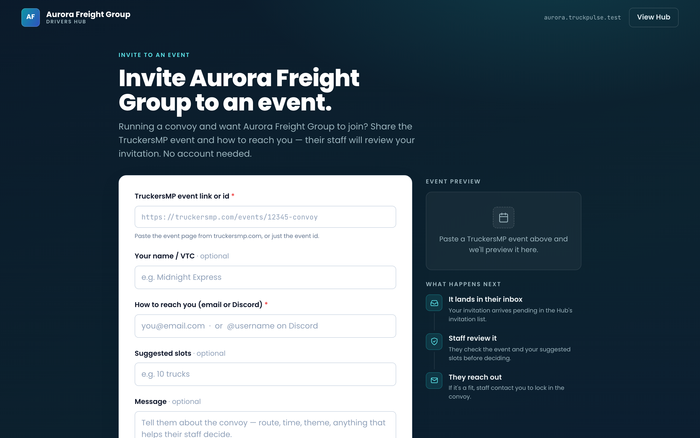 The public invite-the-VTC form with the event preview