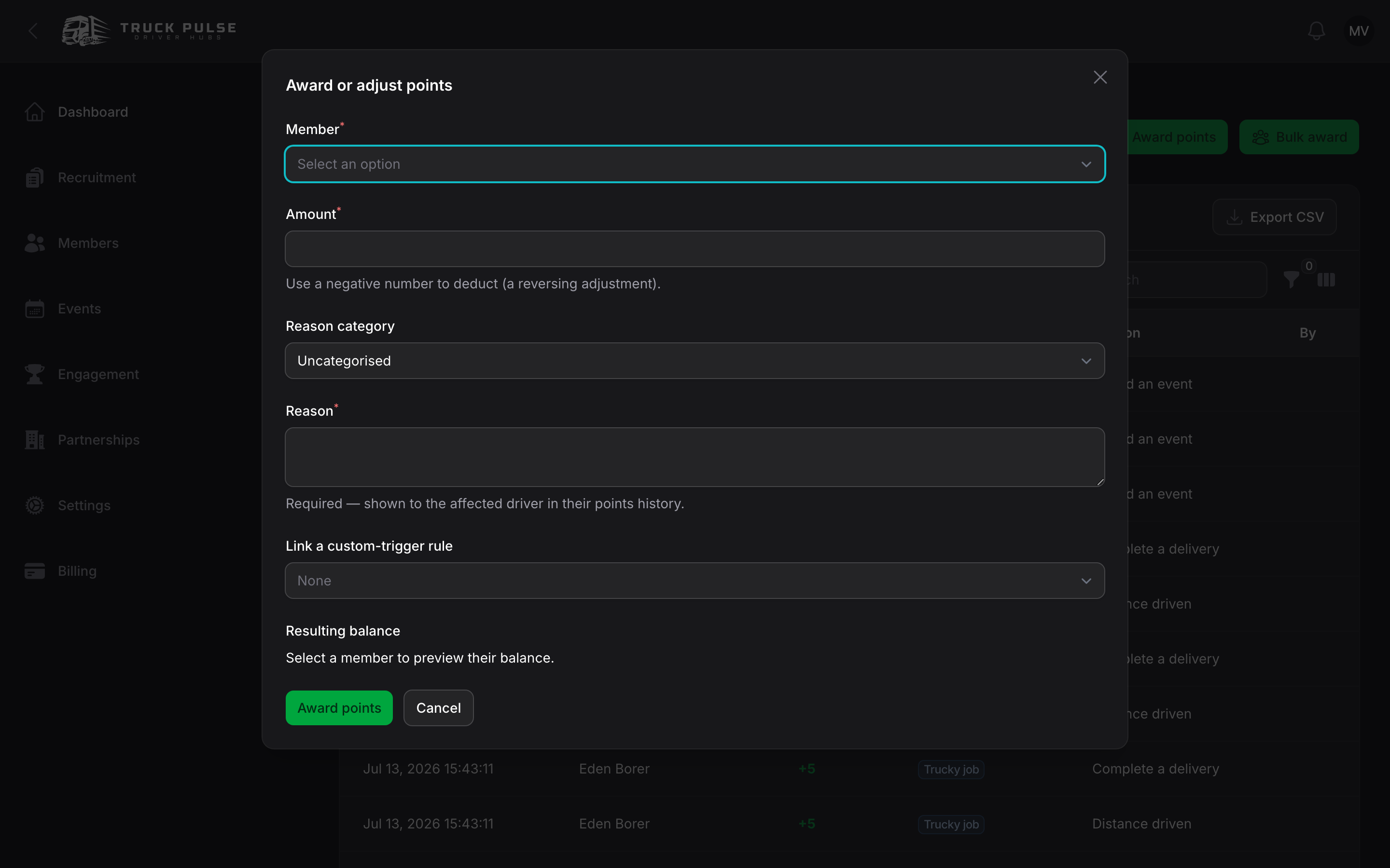 The award points modal with the resulting-balance preview