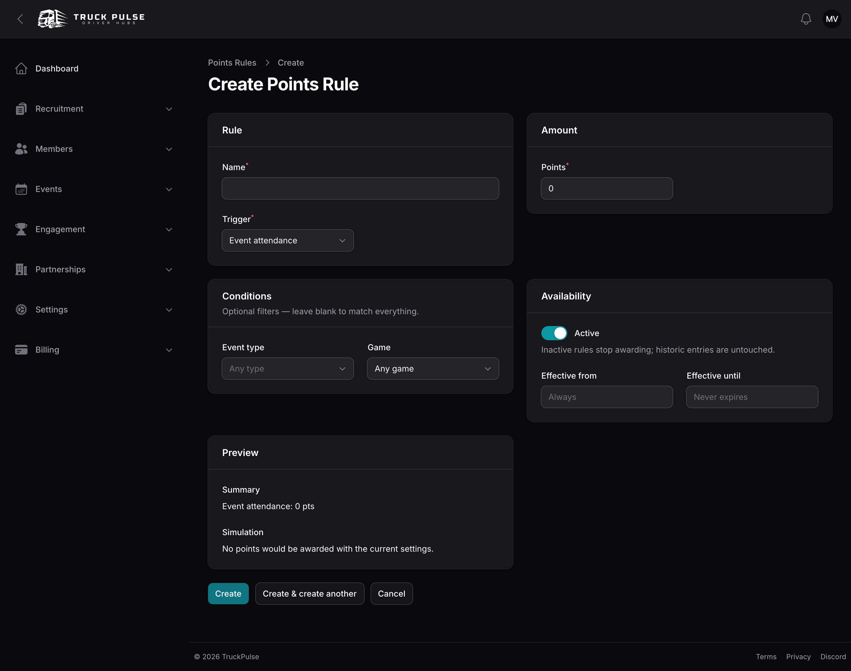 The points rule editor with the live simulation preview
