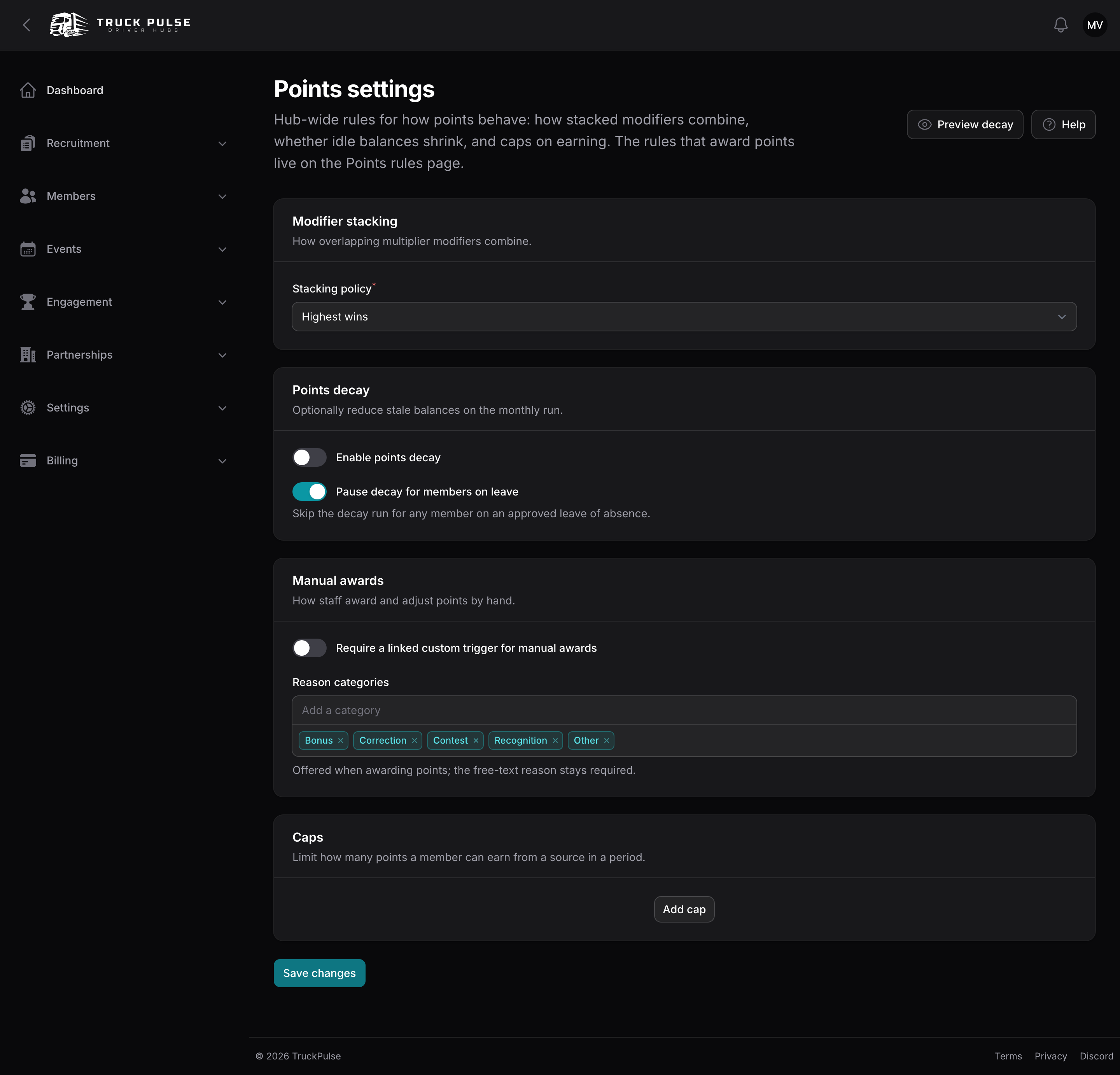 Points settings with the decay section and the Preview decay action