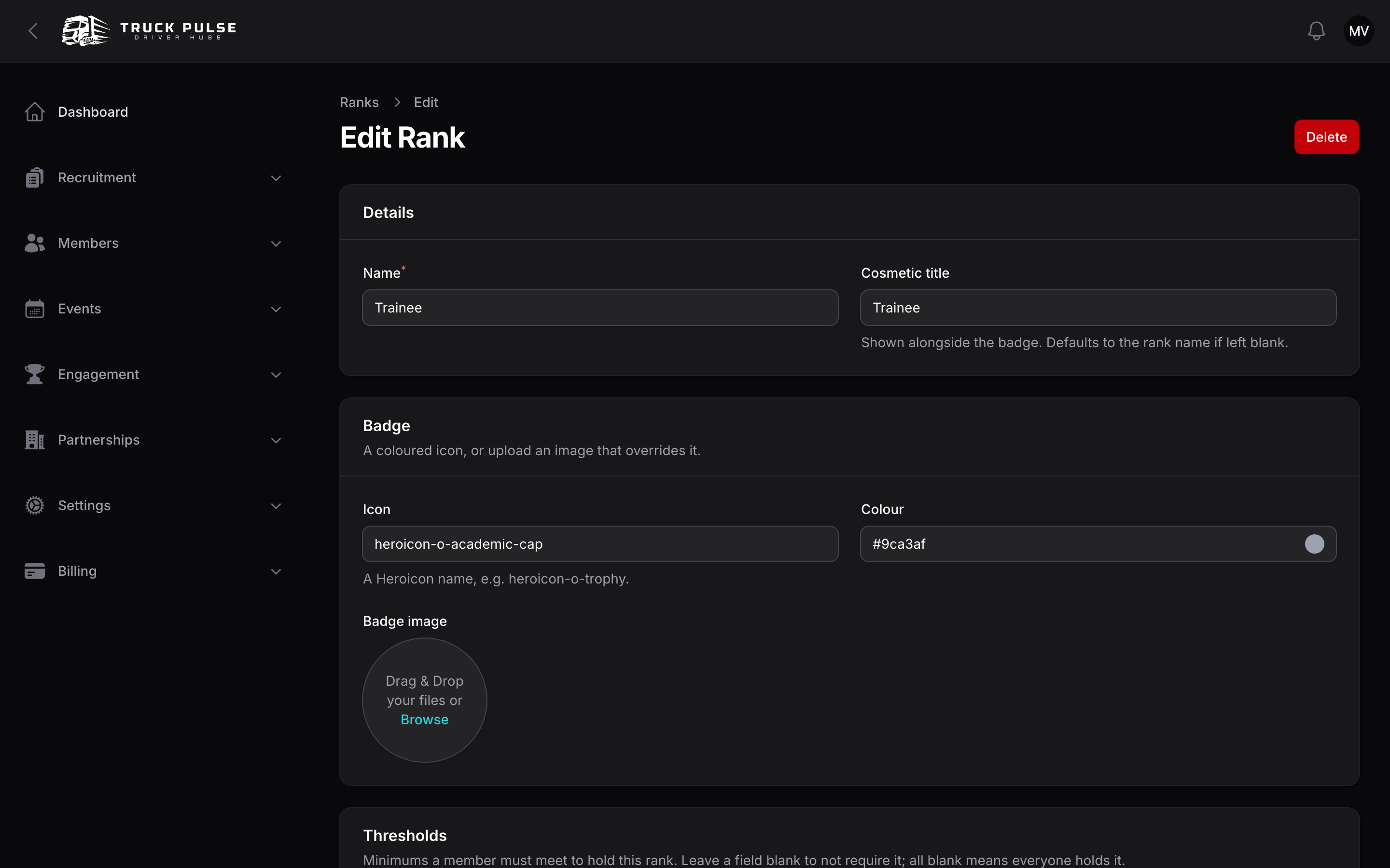 The rank editor with thresholds and the live holder preview