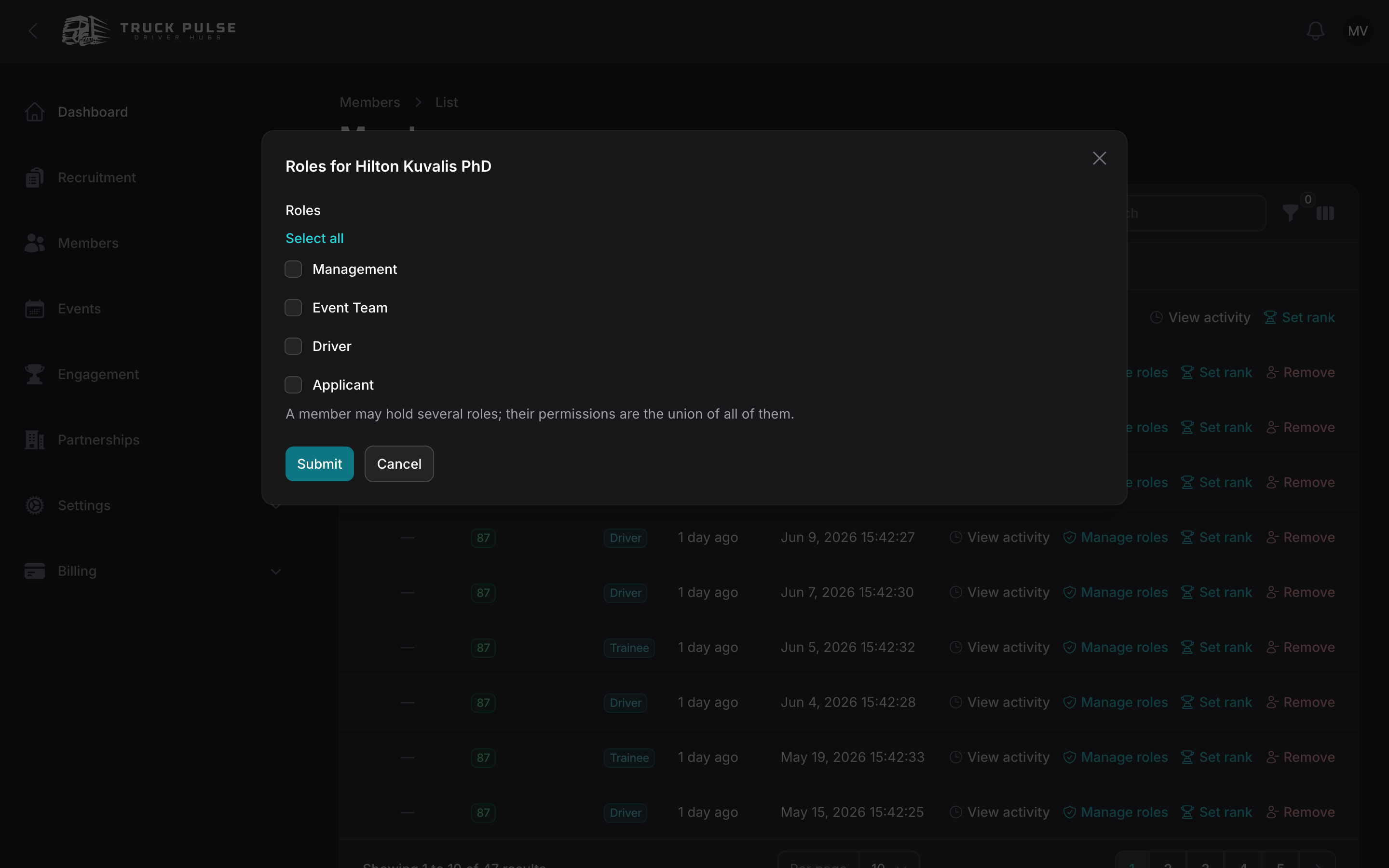 The Manage roles modal on the roster