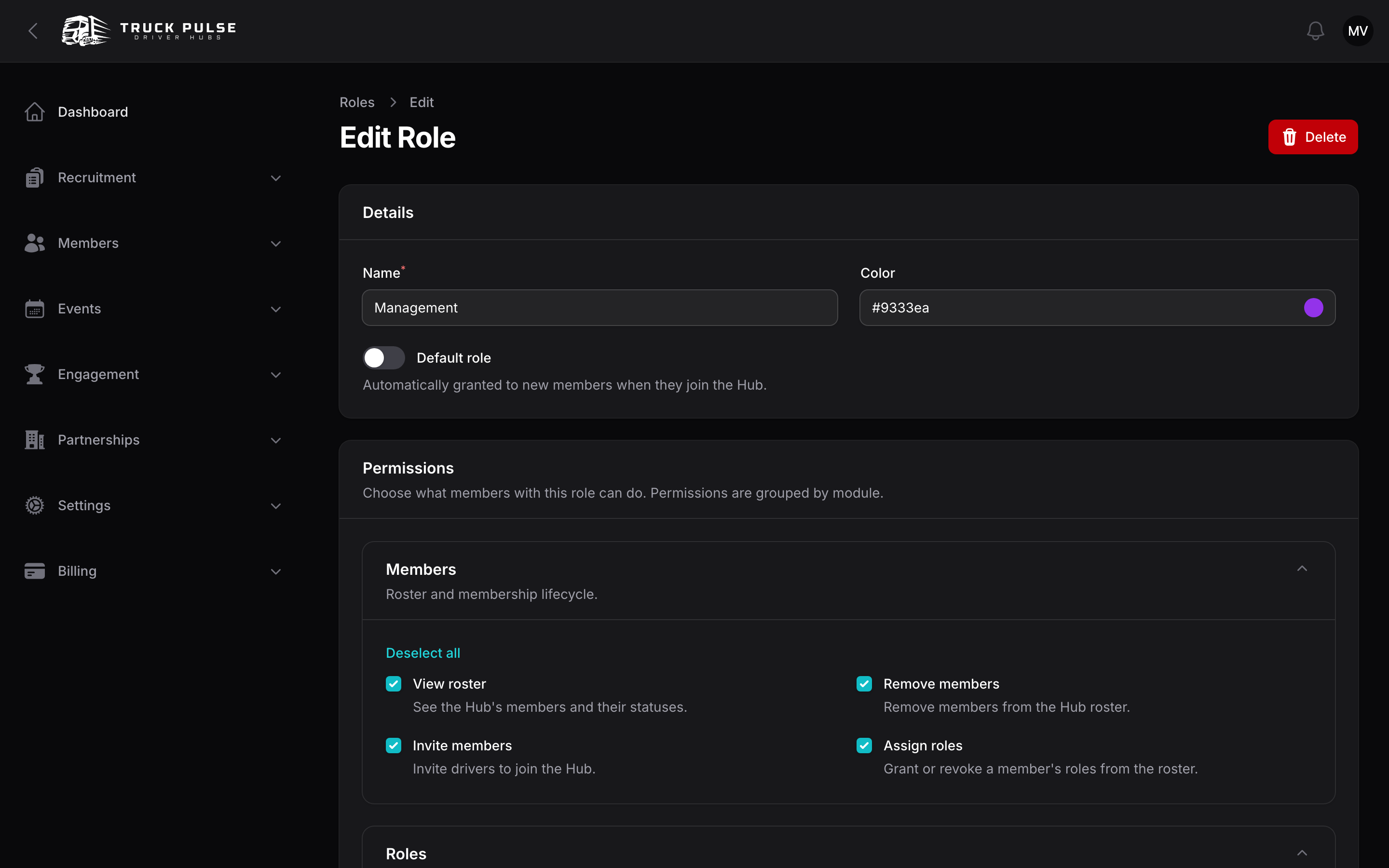 The role editor's grouped permission list