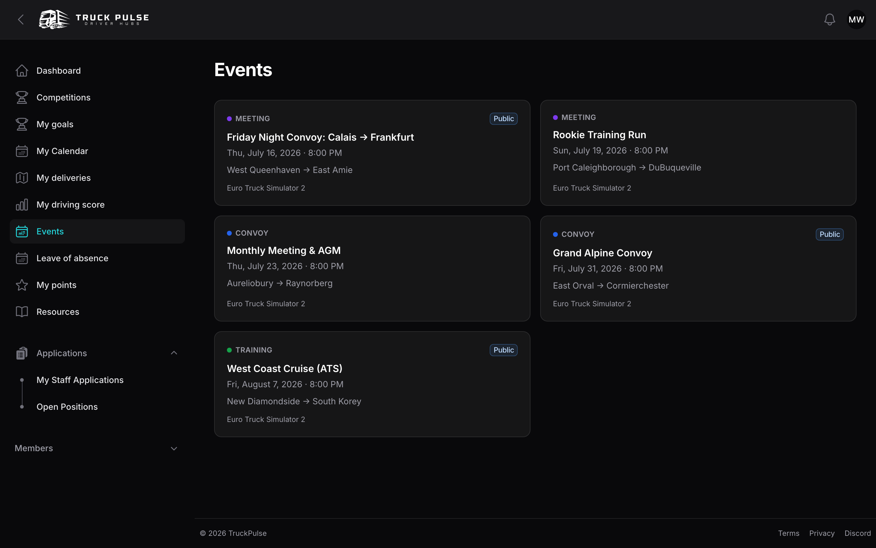 The Events page in the driver panel