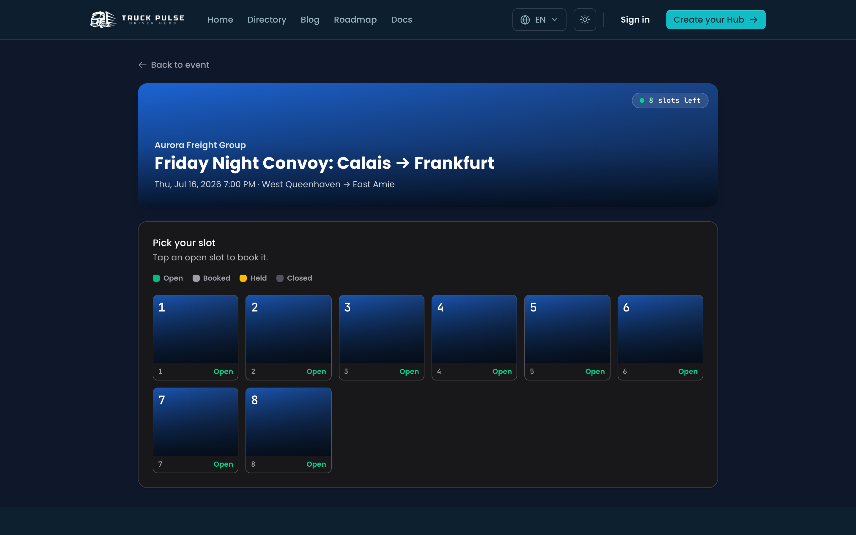 The convoy slot picker with open, booked and held slots