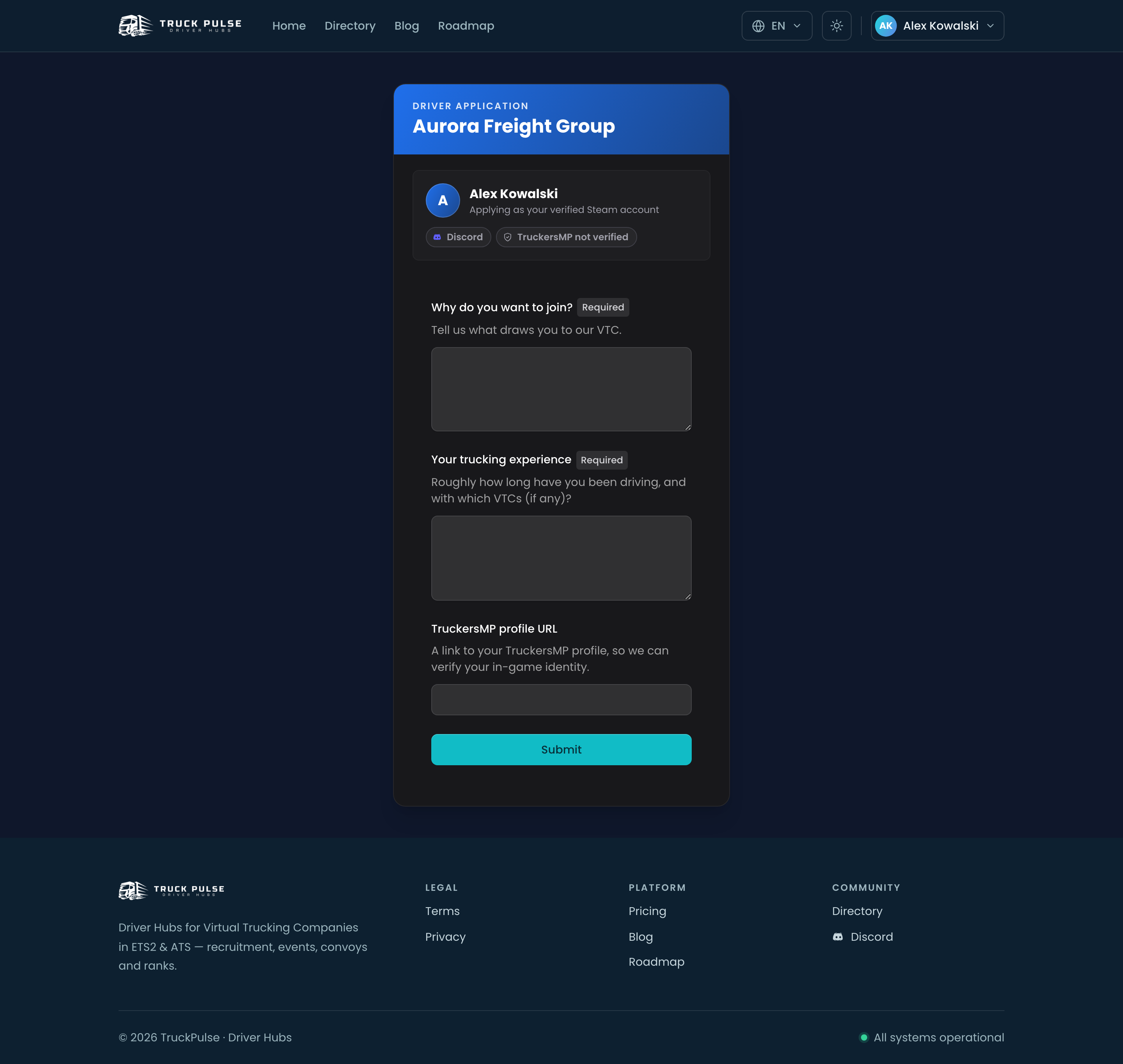 A Hub's driver application form with the verified identity badges