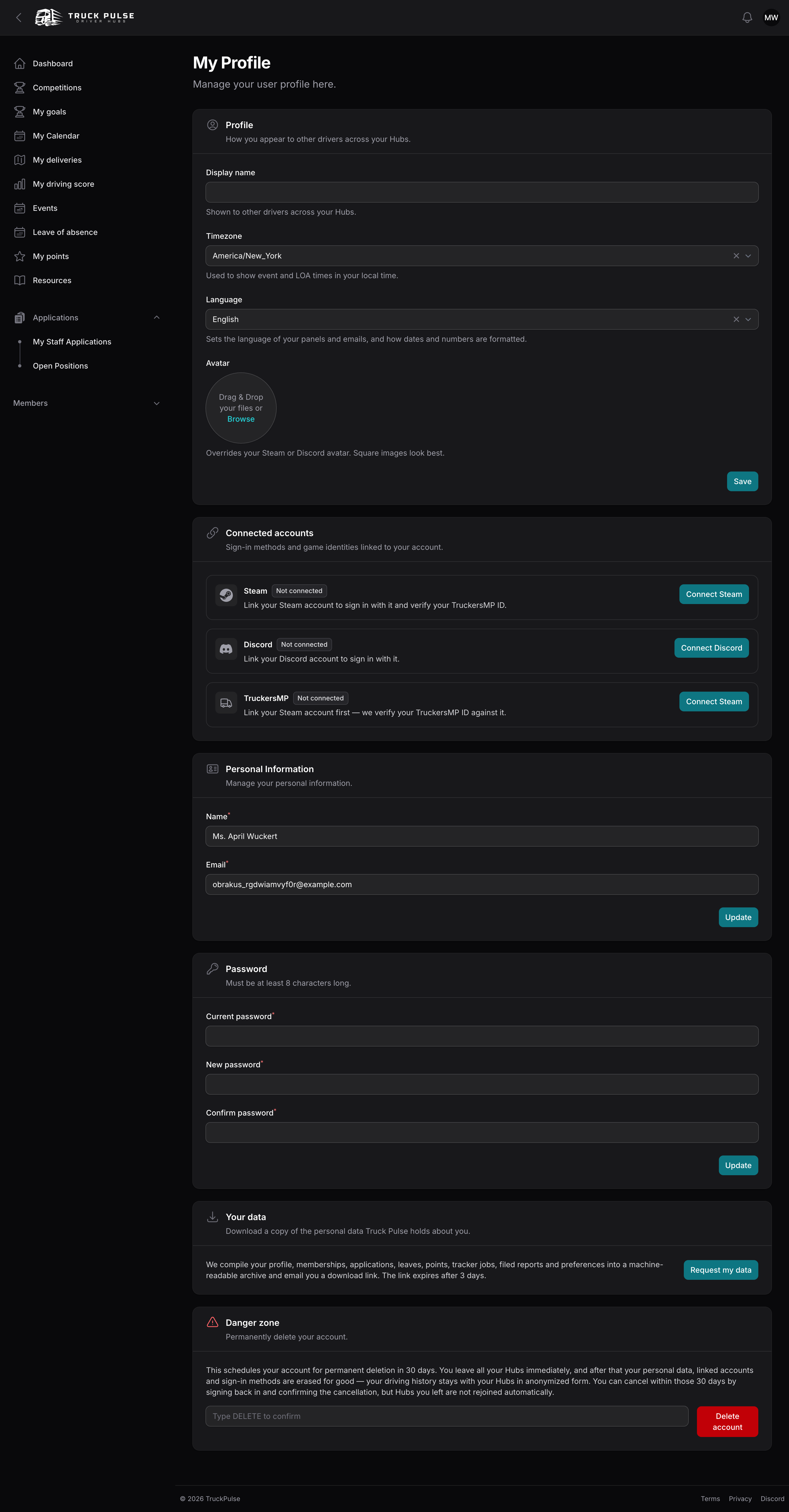 The Connected accounts section with the TruckersMP card