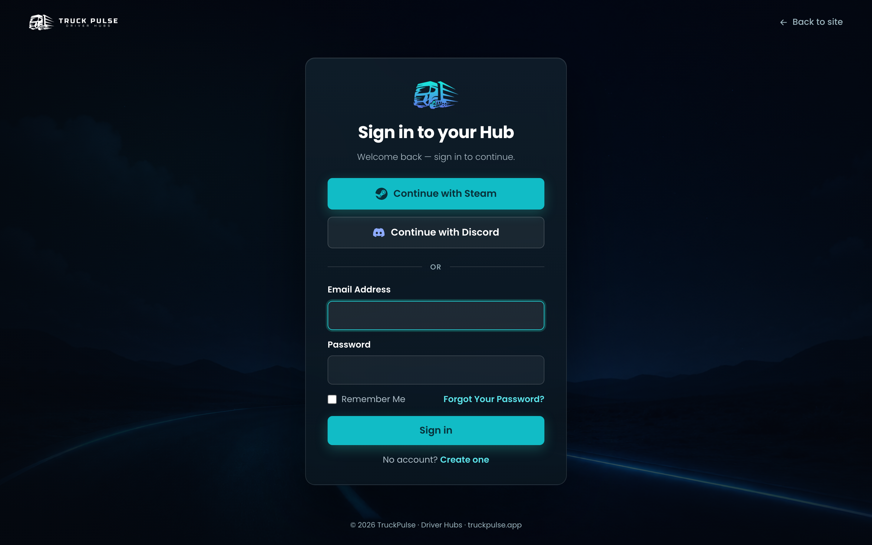 The Truck Pulse sign-in page with the Steam and Discord buttons