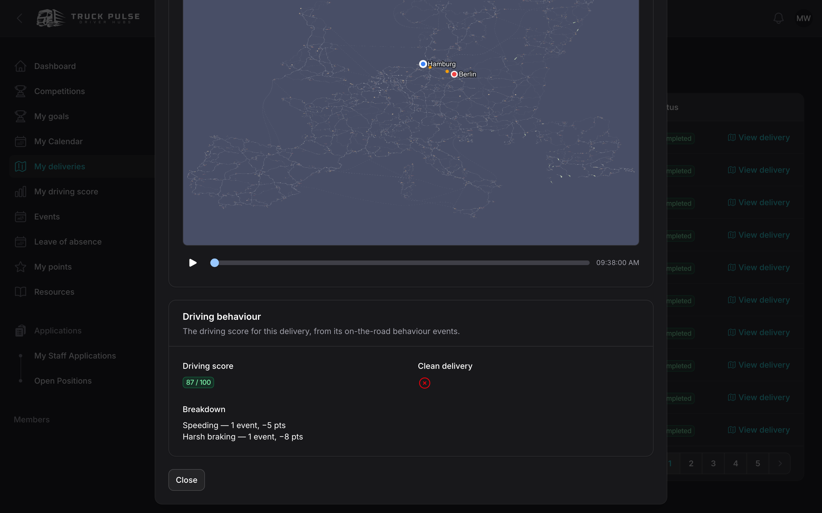 A delivery's detail with the scrubbable route replay