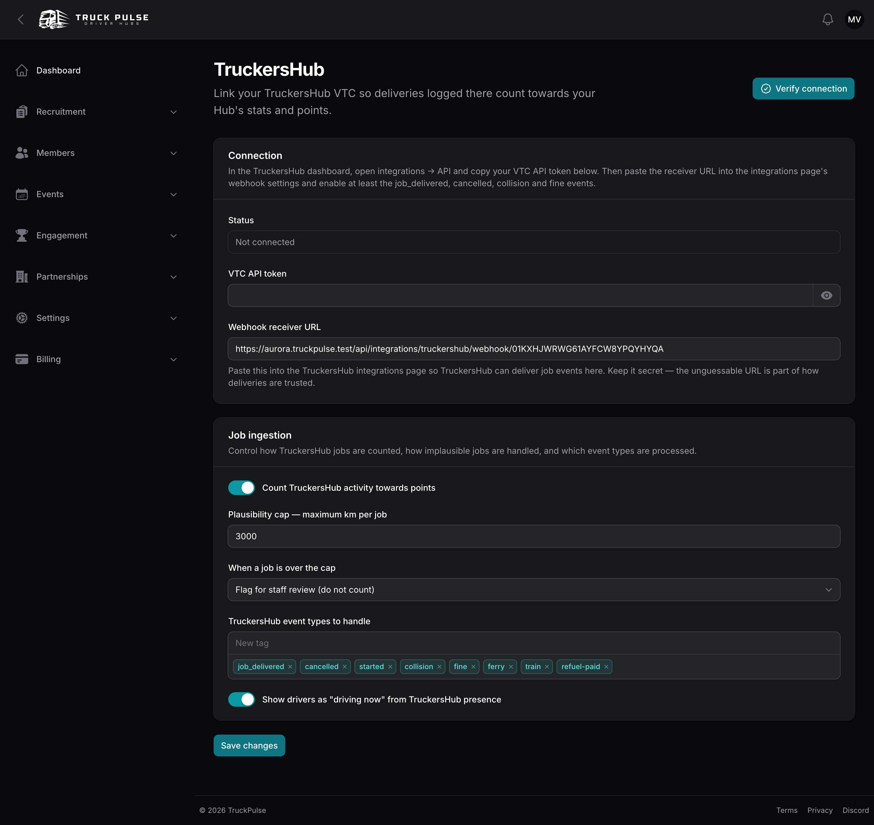 The TruckersHub connection page