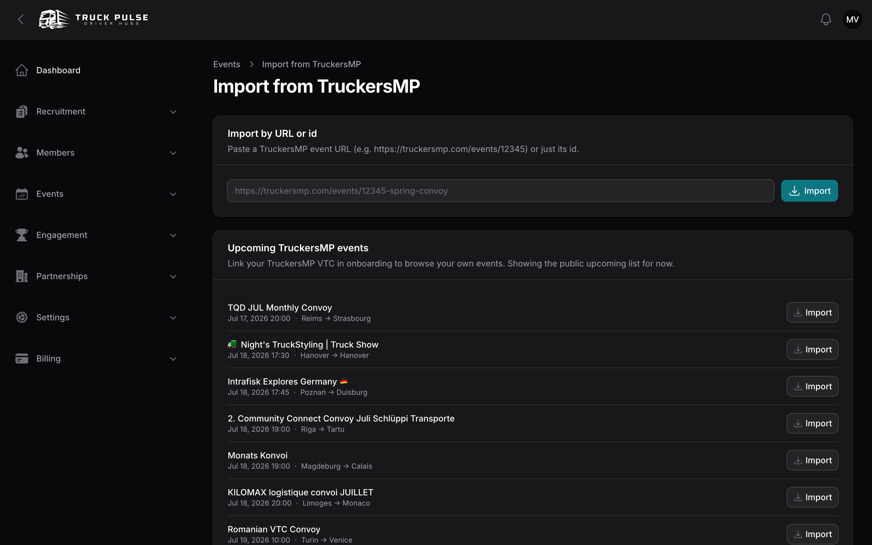 The Import from TruckersMP page with the browsable event list