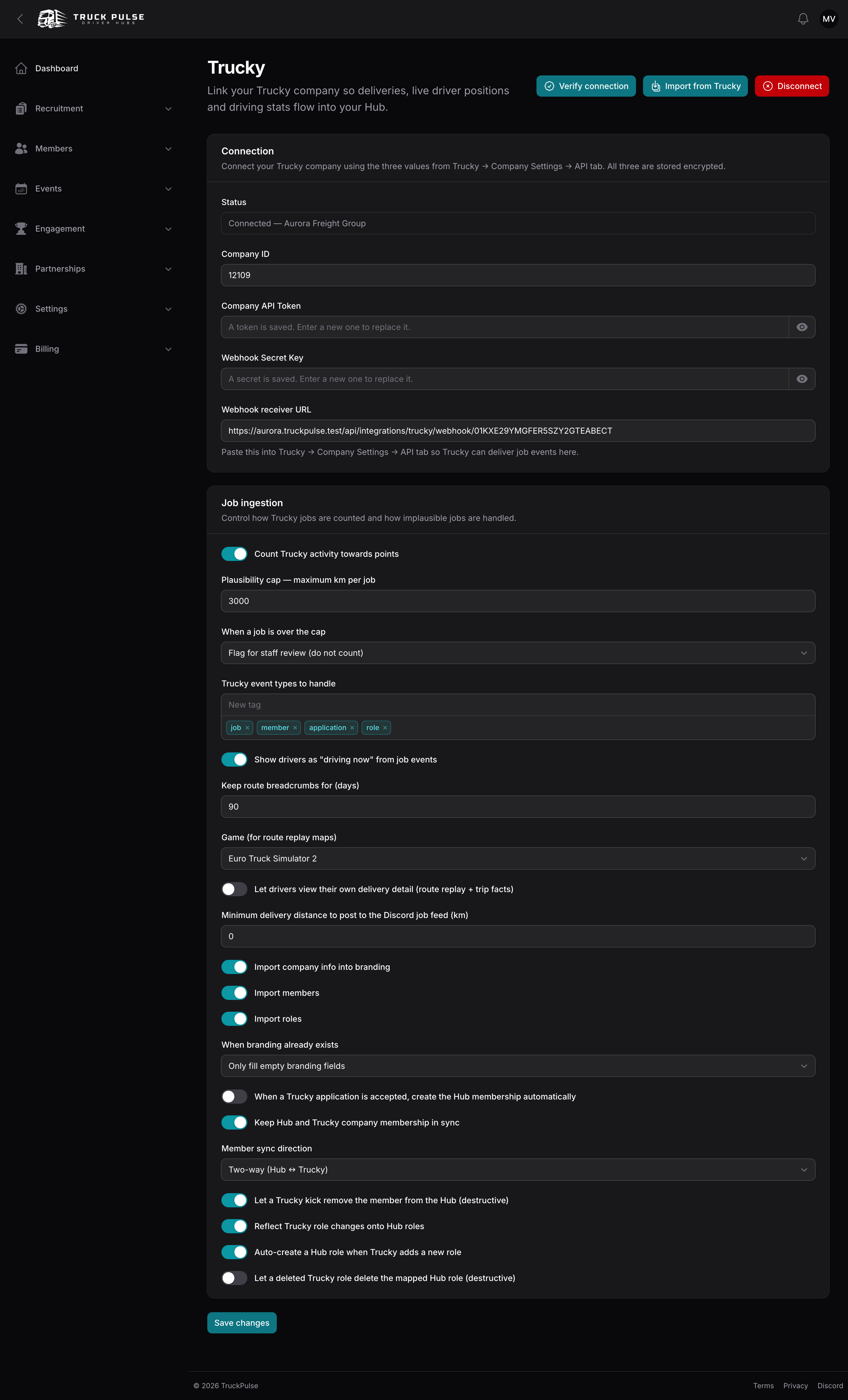 The Trucky connection page with the credential fields