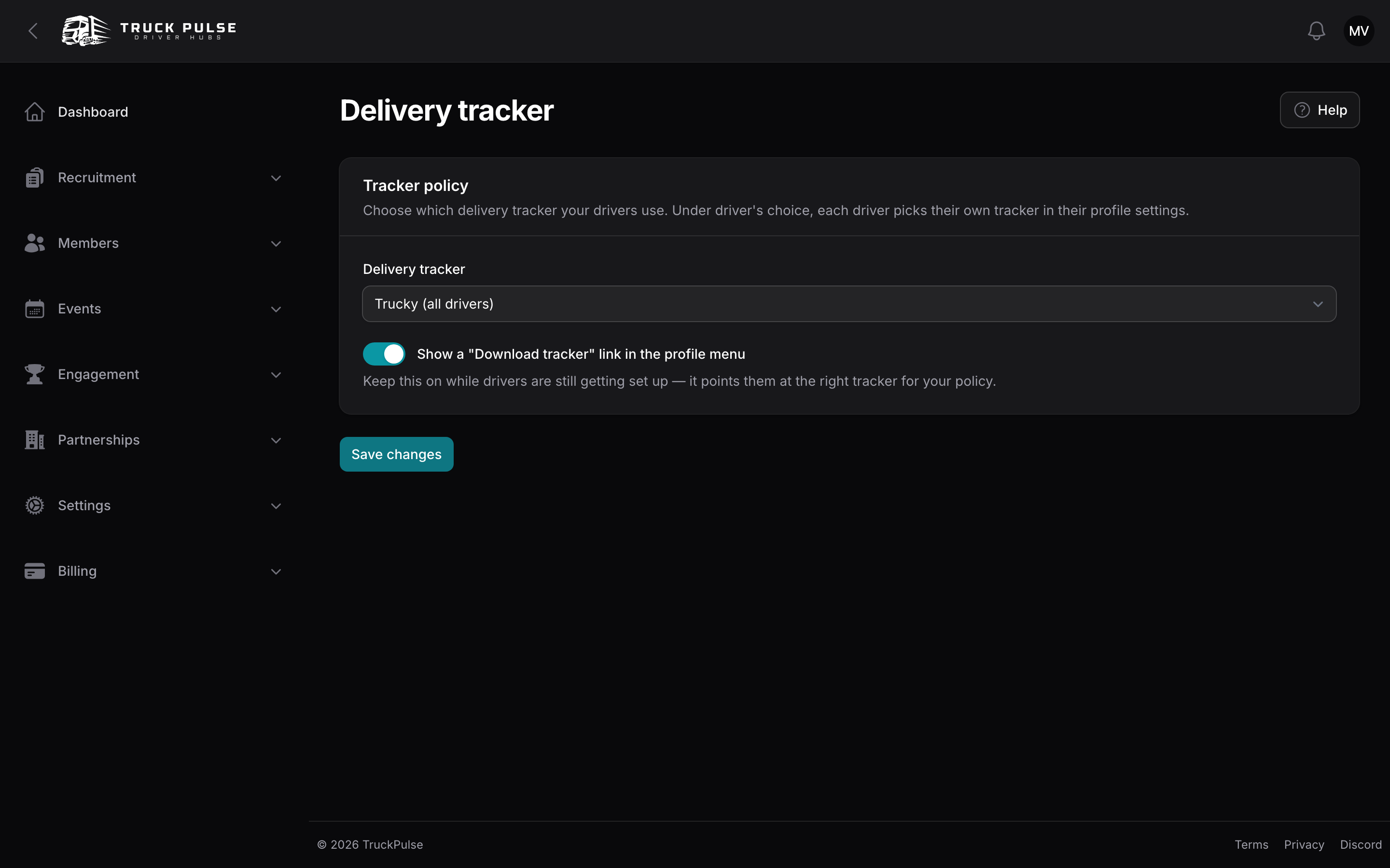 The Delivery tracker settings page